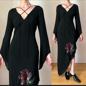 NWT 1990s VTG Nicole Miller black silk beaded dress maxi asymmetrical hem gown